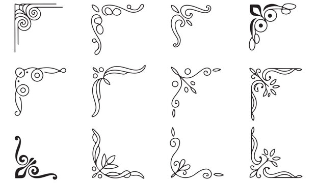 Vintage decorative corner vector set with floral swirls and elegant border ornaments for design projects