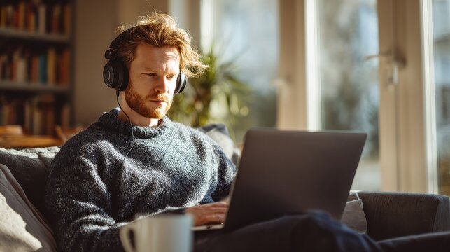 young man studying at home during online courses for marketer architect translator getting profession while isolated quarantine against coronavirus spreading using laptop smartphone headphones no log