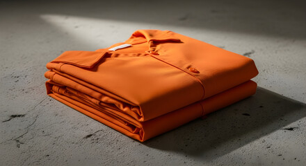 A neatly folded, vibrant orange polo shirt rests on a textured gray concrete surface under dramatic lighting.