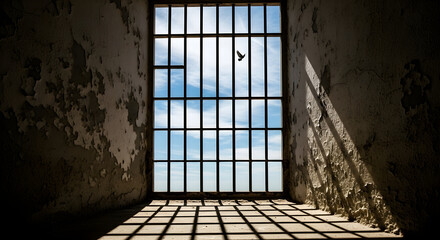 Prison cell window with bars and a bird flying outside, symbolizing freedom.