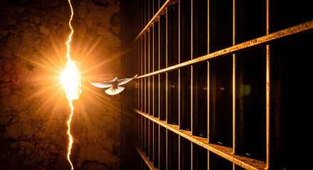 A bright light shines through a crack, with a bird flying past prison bars.