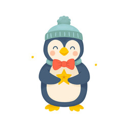 Cute Penguin Holding Star Christmas Illustration