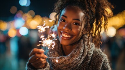 cheerful young woman holding single sparkler in hand outdoor detail of african girl celebrating new years eve with bengal light closeup of beautiful woman holding a sparkling stick at party night no 