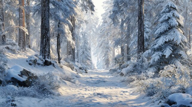 tranquil snowcovered forest path in winter wonderland