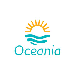 Obraz premium Minimal logo featuring a golden sun rising above turquoise ocean waves, symbolizing travel, relaxation, and nature. Ideal for tourism, resorts, or coastal lifestyle brands. 