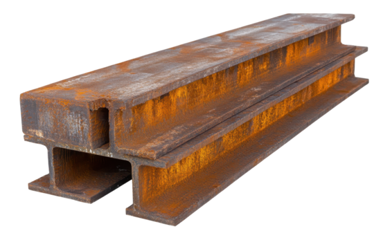 Detailed view of rusty steel beams showing texture and color variations, commonly used in construction and industrial projects