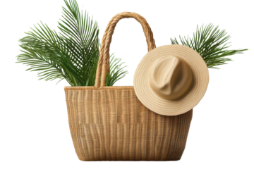 Beach bag with tropical leaves and sun hat showcasing summer relaxation and outdoor fun
