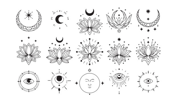 Spiritual and cosmic vector design set &mdash; minimalist line art of moon phases, eyes, and lotus motifs