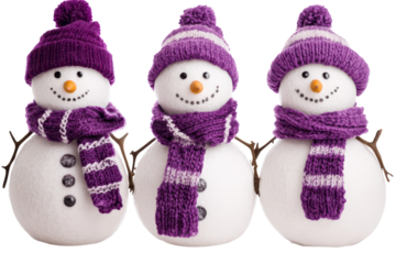 Cheerful trio of snowmen wearing purple hats and scarves bringing joy to a winter scene in a snowy landscape during a bright day