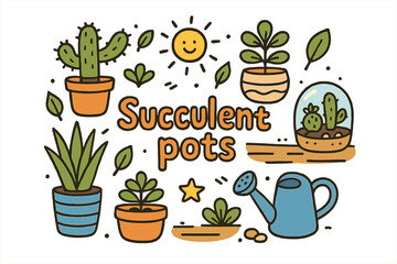 Creative Succulent Display. Succulent pots. Hand-drawn doodle illustration of Succulent pots. ceramic vase,
