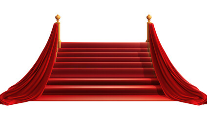 Grand Red Carpet Staircase with Luxurious Velvet Drapes Isolated