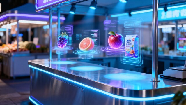 Surge through holographic waves in a vibrant sci-fi shopping frenzy