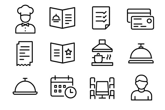 Restaurant Management Icons. Restaurant management. Line outline icon set of restaurant management: staff,