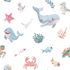 Watercolor seamless pattern with cute sea animals. Whale, crab, turtle, fish, coral, and seagulls. Marine-themed illustration in a children style, isolated on white background.