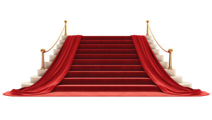 Luxurious Red Carpeted Grand Staircase with Golden Railings Isolated