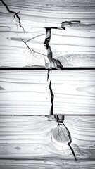 A close-up shows severe cracking in wood grain, presented in high-contrast monochrome