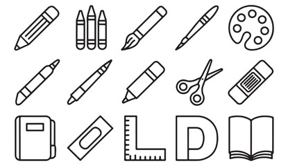 Obraz premium Vector icon pack of school tools including crayons, notebooks, glue, and paint palette for creative projects