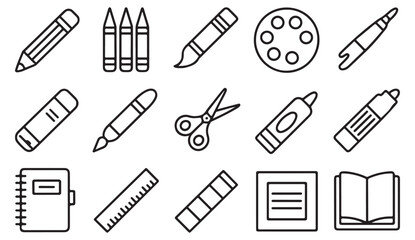 Obraz premium Art and school supplies vector set with pencils, brushes, ruler, scissors, and creative education tools