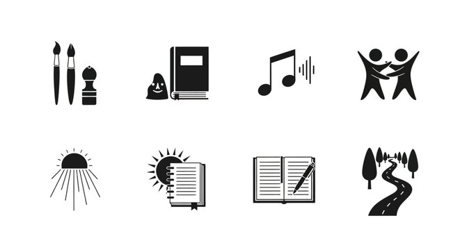 Creative icon set featuring art, music, literature, and nature motifs in black and white - Powered by Adobe