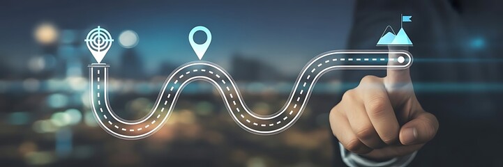 Business and Project Roadmap Concept. Touching on virtual screen with roadmap overlay representing steps in a project or strategic planning process. Waypoint icons