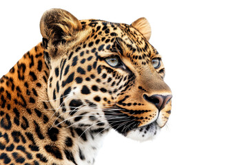Obraz premium Stunning portrait of a leopard showcasing its striking features and beautiful fur pattern against a plain background