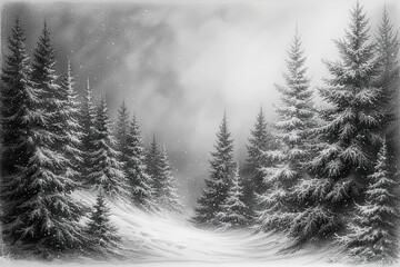 Winter Forest Scene With Snowy Pines and Soft Snowfall in a Quiet Wilderness.