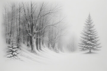 Snowy Forest Landscape With Bare Trees And A Frosty Pine In Quiet Winter Scene.