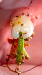 A close-up view of a lychee fruit with green stem and other food bits, soft focus