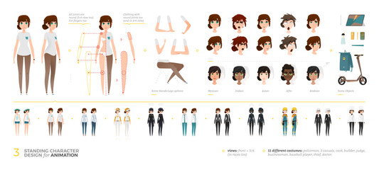 Diverse female character creator set for animation with full-body poses, outfits, and professions. Includes editable heads of various ethnicities in front and 3 quarter view for design projects.