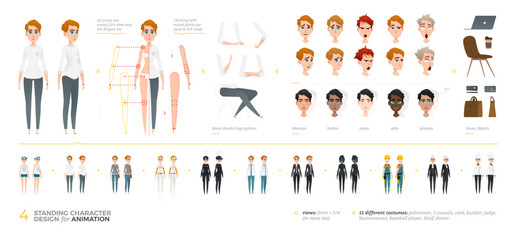 Diverse female character creator set for animation with full-body poses, outfits, and professions. Includes editable heads of various ethnicities in front and 3 quarter view for design projects.