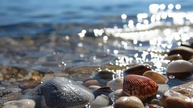 A shell is sitting on a beach next to some rocks. The water is calm and the sky is blue