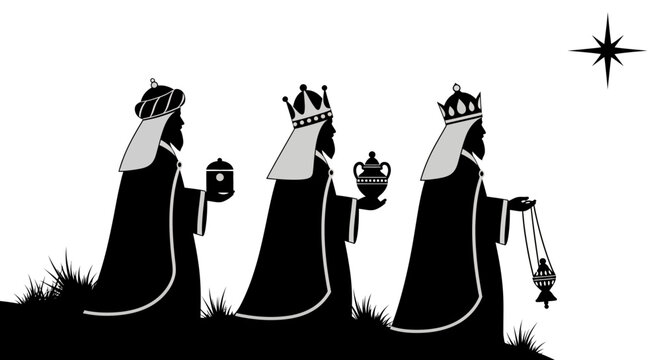Silhouette of three wise men following the star on a journey