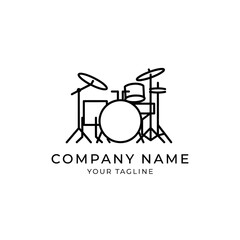 A minimalist line art logo featuring a drum set with the text COMPANY NAME and YOUR TAGLINE below.