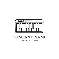 Monochrome line art logo featuring a keyboard instrument with company name and tagline.