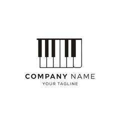Minimalist piano keyboard logo design template with placeholder text for company name and tagline.