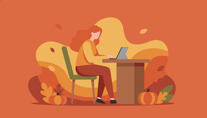 Fototapeta premium Autumn productivity Woman using technology for work in a warm festive fall setting