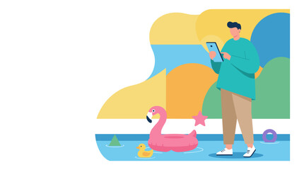 Man uses tablet poolside with flamingo float Summer leisure travel and digital connectivity illustration