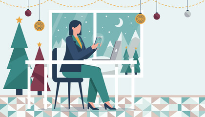 Businesswoman using phone at desk in festive office with Christmas decor and snowy winter view