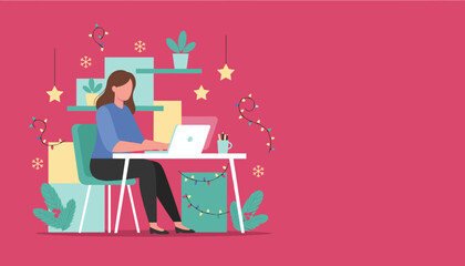 Holiday work Woman using laptop at a decorated remote desk