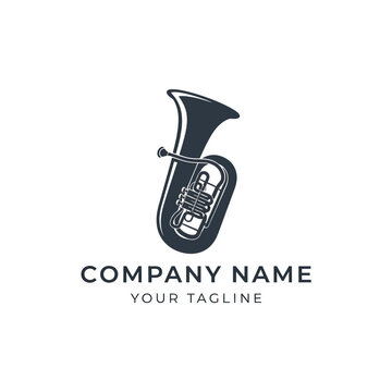 Monochrome illustration of a tuba, a brass musical instrument, with company name and tagline.