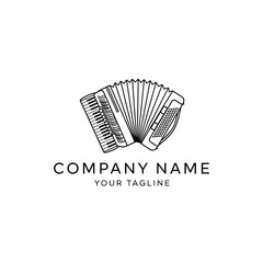 A black and white line drawing of an accordion with the text "COMPANY NAME" and "YOUR TAGLINE" below it.