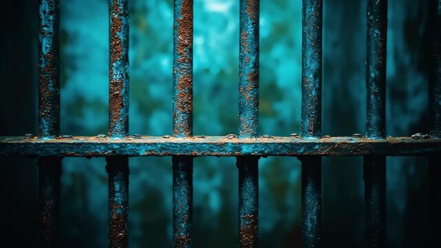 Close-up of rusty, weathered prison bars against a blurred blue background