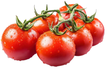 Fresh red tomatoes with water droplets on a transparent background, showcasing their vibrant color and natural shine, ideal for culinary uses and healthy eating
