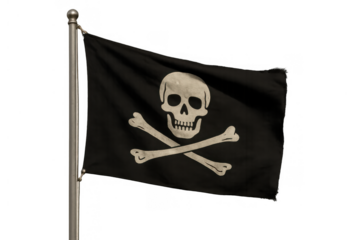 Pirate flag with skull and crossbones on flagpole representing danger, adventure, and rebellion, transparent background
