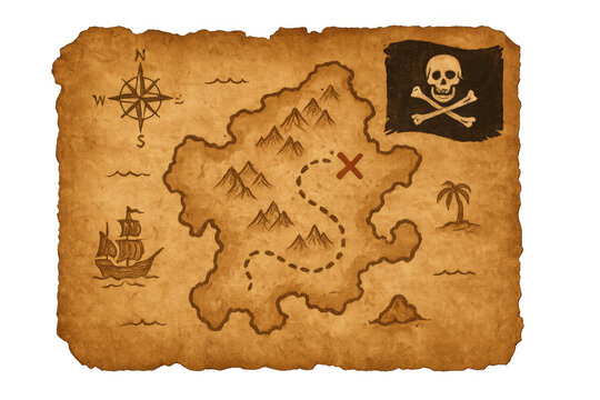 Treasure map on old parchment showing x mark, pirate flag, island, compass, and sailing ship, adventure concept