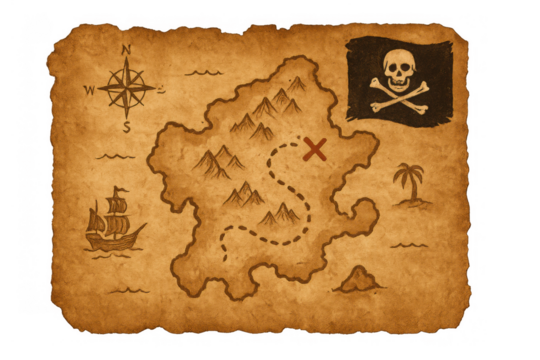 Treasure map on old parchment showing x mark, pirate flag, island, compass, and sailing ship, adventure concept