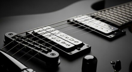 Fototapeta premium A close up view of a black electric guitar showing the strings and pickups in sharp focus detail