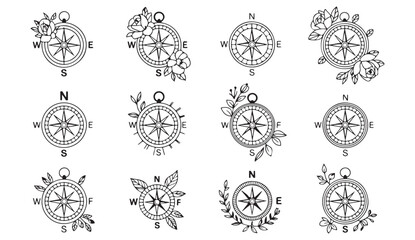 Vintage floral compass rose vector illustration set for navigation, travel, and adventure-inspired artworks