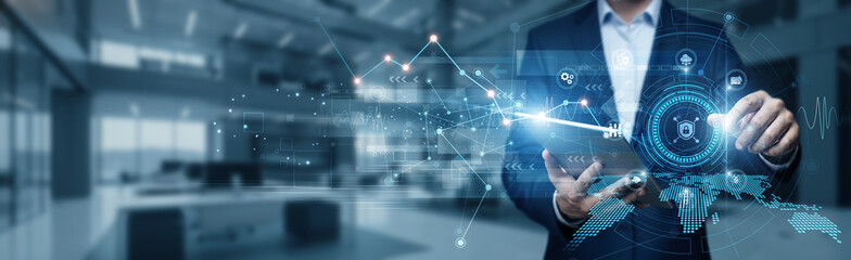 Businessman using tab analyzing growth graph data on cybersecurity, network security, firewall...