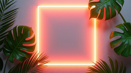 Neon frame with tropical leaves on gray background, summer concept design